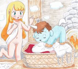 1boy 1girl absurdres barefoot blonde_hair blue_fur blush camisole censored cheri_(unico) collarbone door fire fireplace flat_chest green_eyes highres holding holding_towel laundry_basket loli long_hair marup multiple_girls navel nipples nude open_mouth panties pussy rock standing standing_on_one_leg steam surprised towel underwear unico_(character) unicorn unworn_camisole unworn_panties white_camisole white_panties