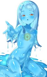 Rule 34 | 1girl, absurdres, commentary request, gakuen idolmaster, highres, idolmaster, long hair, monster girl, navel, open mouth, parted bangs, reaching, reaching towards viewer, red eyes, shiguren 39, shinosawa hiro, simple background, slime girl, slimification, solo, white background
