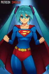 1girl absurdres blue_bodysuit blue_eyes blue_hair bodysuit breasts cape clenched_hands cosplay cowboy_shot dc_comics hatsune_miku highres long_hair medium_breasts red_cape smgold smile solo superman superman_(cosplay) superman_(series) twintails vocaloid