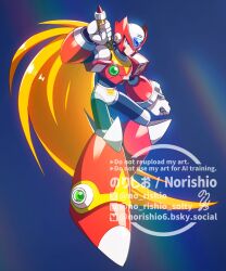 1boy android armor blonde_hair blue_background chest_jewel forehead_jewel helmet highres holding long_hair male_focus mega_man_(series) mega_man_x_(series) no-rishio red_armor red_helmet simple_background solo watermark zero_(mega_man)