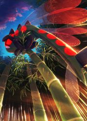 animal_focus bamboo bug cloud commentary_request creatures_(company) ewokakukaede from_below game_freak gen_4_pokemon highres nintendo no_humans outdoors pokemon pokemon_(creature) red_eyes sky solo yanmega