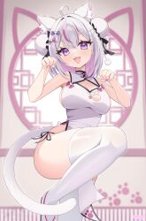 Rule 34 | 1girl, absurdres, animal ears, bare shoulders, blush, breasts, bun cover, cat ears, cat girl, cat tail, china dress, chinese clothes, cleavage cutout, clothing cutout, colored inner hair, double bun, dress, elegant (sumisumi4268), grey hair, hair bun, highres, indie virtual youtuber, knee up, large breasts, looking at viewer, medium hair, multicolored hair, nekoyama mia (vtuber), open mouth, paw pose, pelvic curtain, pink hair, purple eyes, smile, solo, streaked hair, tail, thighhighs, virtual youtuber, white dress, white thighhighs