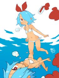 1girl bikini blue_hair bubble commentary_request disgaea flat_chest full_body hair_over_one_eye hair_ribbon harada_takehito highres looking_at_viewer medium_hair navel pleinair red_eyes red_ribbon reflection reflective_water ribbon swimsuit underwater white_bikini