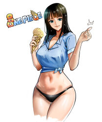 1girl absurdres aqua_eyes bikini bikini_bottom_only black_bikini black_hair blue_shirt blunt_bangs breasts closed_mouth collared_shirt commentary copyright_name cropped_legs food highres holding holding_ice_cream_cone ice_cream ice_cream_cone large_breasts looking_at_viewer midriff nadainishi navel nico_robin one_piece shirt short_sleeves simple_background smile solo sparkle stomach swimsuit tied_shirt white_background