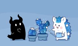 2others :d blue_background blue_theme blush_stickers cactus flower_pot highres holding horns hoshikui multiple_others no_humans open_mouth original plant potted_plant shoutarou_(shoutarotttt) simple_background smile sparkle standing star_(symbol) watering_can
