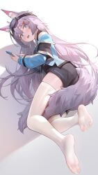 1girl absurdres animal_ear_fluff animal_ears between_legs black_shorts blush commission goggles goggles_on_head gradient_background grey_hair hair_ornament highres long_hair lying on_side original shadow shorts soles solo tail tail_between_legs thighhighs variant_set very_long_hair white_thighhighs zhenli-mari