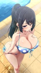 Rule 34 | 163 (shiromeshi), 1girl, absurdres, arm at side, bare arms, bare shoulders, bikini, black hair, blue bikini, blue bow, blurry, blurry background, blush, bow, bow bikini, breasts, cleavage, closed mouth, collarbone, commentary, commission, depth of field, feet out of frame, from above, halterneck, hand on own chest, hand up, hibike! euphonium, high ponytail, highres, kousaka reina, large breasts, long hair, looking ahead, navel, paid reward available, polka dot, polka dot bikini, ponytail, pool, poolside, purple eyes, skeb commission, solo, standing, swimsuit, symbol-shaped pupils, water, wet, wet hair