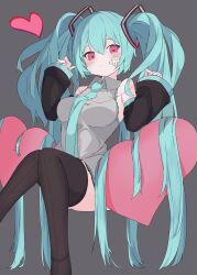 Rule 34 | 1girl, aqua hair, aqua necktie, bare shoulders, black pantyhose, black sleeves, black thighhighs, breasts, grey shirt, hair ornament, hatsune miku, heart, heart-shaped pupils, heart in eye, highres, large breasts, long hair, mochiyo, necktie, pantyhose, shirt, simple background, symbol-shaped pupils, symbol in eye, thighhighs, twintails, vocaloid, zettai ryouiki