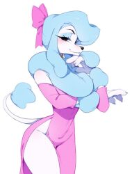 1girl animal_ears animal_hands black_eyes blue_eyeshadow blue_fur blue_hair bow collar commentary dog_ears dog_girl dog_tail dress english_commentary eyeshadow from_side furry furry_female georgette_(oliver_&amp;_company) hair_bow looking_at_viewer makeup oliver_&amp;_company personification pink_bow pink_dress poodle punipaws simple_background smile snout solo standing tail white_background white_fur