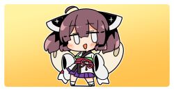 0_0 1girl :d ahoge black_sandals blush border brown_hair chibi chibi_only full_body gradient_background headgear ini_(inunabe00) japanese_clothes kimono kiritanpo_(food) long_sleeves obi open_mouth outline pleated_skirt purple_skirt sandals sash short_hair skirt sleeves_past_fingers sleeves_past_wrists smile socks solo standing touhoku_kiritan voiceroid white_border white_kimono white_outline white_socks wide_sleeves yellow_background yukata