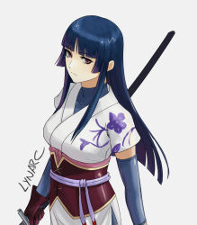1girl artist_name blue_hair blunt_bangs blunt_ends commentary gintama gloves highres hime_cut holding holding_sword holding_weapon imai_nobume long_hair looking_at_viewer lynarc red_eyes red_gloves simple_background solo standing sword twitter_username weapon white_background