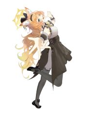 1girl absurdres animal_ear_fluff animal_ears black_headband black_overskirt blue_archive cat_ears choker emoticon1003 finger_to_mouth fluffy_hair frilled_choker frills from_side full_body grey_feathers halo hat headband highres idol idol_clothes index_finger_raised long_hair looking_at_viewer mari_(blue_archive) mari_(idol)_(blue_archive) mini_hat mini_top_hat official_alternate_costume one_eye_closed orange_hair outstretched_arm smile solo standing standing_on_one_leg top_hat white_background wrist_wrap yellow_halo