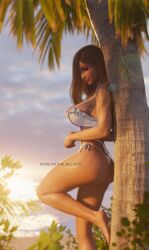 1girl 3d against_tree ass barefoot beach bikini black_hair breasts commentary earrings evening final_fantasy final_fantasy_vii final_fantasy_vii_rebirth final_fantasy_vii_remake frilled_bikini frills from_side highleg highleg_bikini highres jewelry large_breasts looking_down navel ocean official_alternate_costume official_alternate_hairstyle outdoors palm_tree patreon_username red_eyes ria_(baka-neearts) side-tie_bikini_bottom smile solo sunset swimsuit symbol-only_commentary tifa_lockhart tifa_lockhart_(shining_spirit) tree white_bikini