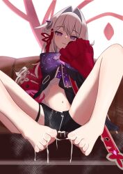 1girl :d absurdres barefoot black_shorts bow bowtie bright_pupils censored cum cum_on_body cum_on_feet feet foot_focus full_body grey_hair hetero highres honkai_(series) honkai_impact_3rd jacket long_hair long_sleeves looking_at_viewer mosaic_censoring navel ng1sh8 open_mouth penis purple_bow purple_bowtie purple_eyes red_jacket shorts sitting smile solo textless_version thelema_nutriscu thelema_nutriscu_(mad_pleasure:_shadowbringer) toenails toes white_background white_pupils