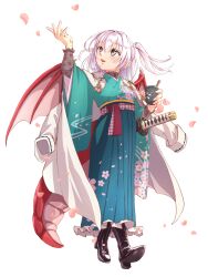 Rule 34 | 1girl, black boots, blue kimono, blush, boots, cup, dairoku ryouhei, dragon girl, dragon tail, fel ooyama, floral print, floral print kimono, full body, grey eyes, hand up, highres, holding, holding cup, jacket, jacket partially removed, japanese clothes, kimono, long hair, petals, print kimono, solo, standing, tail, transparent background, two side up, walking, wide sleeves, wings, yumeclo
