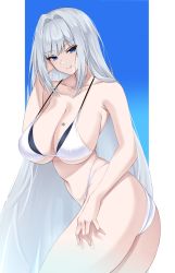1girl absurdres ass bikini blue_eyes breast_tattoo breasts cleavage closed_mouth crimecrime ethel_(xenoblade) grey_hair highres large_breasts long_hair looking_at_viewer simple_background smile solo swimsuit tattoo very_long_hair xenoblade_chronicles_(series) xenoblade_chronicles_3