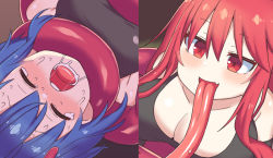 2girls black_shirt blue_hair breasts cleavage lamia large_breasts long_tongue monster_girl multiple_girls open_mouth red_eyes red_hair shirt tongue vore