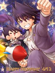 2boys belt black_belt black_eyes blue_background chibi clenched_hand clenched_hands clone coat coat_partially_removed collared_coat collared_jacket commentary_request danganronpa_(series) danganronpa_v3:_killing_harmony dated english_text facial_hair feet_out_of_frame fist_pump goatee grey_footwear grey_jacket grin hair_between_eyes happy_birthday jacket lapel_pin lapels layered_sleeves long_sleeves male-female_symbol male_focus midriff_peek momota_kaito multiple_boys notched_lapels open_clothes open_jacket outstretched_arm pants purple_coat purple_eyes purple_facial_hair purple_hair purple_pants rocket shirt short_hair simple_background slippers smile solid_oval_eyes space_print sparkle star_(symbol) star_symbol_background starry_sky_print two-sided_coat two-sided_fabric white_shirt yumaru_(marumarumaru)