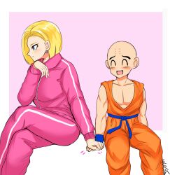 1boy 1girl android_18 bald bald_male blonde_hair blue_eyes blush couple dragon_ball dragon_ball_super embarrassed happy highres holding_hands husband_and_wife kuririn muscular muscular_male smile