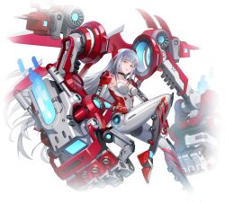 1girl black_choker blunt_bangs bodysuit breasts choker closed_mouth extra_arms floating grey_hair joints long_hair looking_at_viewer mecha_musume mechanical_arms mechanical_legs medium_breasts missile_pod official_art orange_eyes robot_joints science_fiction simple_background single_mechanical_arm smile solo starward transparent_background very_long_hair virtues_(starward) white_background white_bodysuit yellow_eyes