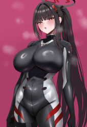1girl absurdres black_bodysuit black_hair black_halo black_jumpsuit blue_archive blunt_bangs blush bodysuit breasts bright_pupils commentary_request covered_navel cowboy_shot halo highres huge_breasts impossible_bodysuit impossible_clothes jumpsuit long_hair looking_at_viewer mechanical_halo multicolored_halo official_alternate_costume onedoo open_mouth ponytail red_background red_eyes ringed_eyes rio_(blue_archive) rio_(bodysuit)_(blue_archive) simple_background solo standing sweat teeth two-tone_halo upper_teeth_only very_long_hair white_pupils