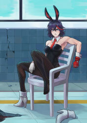 1girl animal_ears asymmetrical_gloves black_hair black_leotard black_pantyhose blue_eyes breasts chair commentary crack cracked_floor detached_collar english_commentary fake_animal_ears fake_tail fishnet_pantyhose fishnets frown full_body gloves high_heels highres hole_in_floor kill_la_kill leotard matoi_ryuuko medium_breasts mismatched_gloves multicolored_hair necktie pantyhose playboy_bunny rabbit_ears rabbit_tail red_eyes red_hair red_necktie serious shoes short_hair single_shoe sitting solo strapless strapless_leotard streaked_hair tail twintails v-shaped_eyebrows vasiliy-plumber white_gloves white_shoes window
