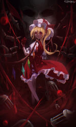 Rule 34 | 1girl, absurdres, artist name, blonde hair, blood, blood drip, blood on face, blood on hands, bow, closed mouth, crystal wings, fang, flandre scarlet, frilled hat, frilled skirt, frills, hair between eyes, hat, hat bow, heart (organ), highres, holding heart (organ), k4ja0002, lantern, long hair, looking at viewer, looking back, mob cap, one side up, pointy ears, puffy short sleeves, puffy sleeves, red bow, red eyes, red skirt, red vest, shirt, short sleeves, signature, skirt, smile, solo, touhou, variant set, vest, white hat, white shirt, wrist cuffs