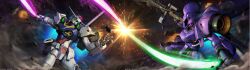 Rule 34 | absurdres, asteroid, battle, beam rifle, cable, copyright logo, debris, duel, dust cloud, earth federation space forces, energy beam, energy gun, energy sword, engage gundam, explosion, gundam, gundam battle operation 2, gundam u.c. engage, highres, kampfer (mobile suit), kampfer high mobility type, machinery, mecha, mecha focus, mobile suit, no humans, one-eyed, painting (medium), radio antenna, realistic, robot, scan, science fiction, space, sparks, sunrise (company), sword, tenjin hidetaka, thrusters, traditional media, v-fin, weapon, zeon