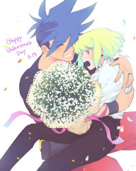 2boys armband artist_name ascot black_pants black_shirt blue_hair bouquet closed_eyes colored_eyelashes commentary_request crew_neck dated falling_petals flower galo_thymos green_hair grin hand_on_another&#039;s_back happy_valentine highres holding holding_bouquet hug kome_1022 lio_fotia male_focus mohawk multiple_boys open_mouth pants petals pink_eyes pouch promare red_pants ribbon shirt short_hair smile teeth white_shirt yaoi