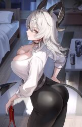 1girl ass bedroom black_choker black_eyes black_horns black_pants black_tail breasts can choker collared_shirt commentary_request curled_horns drink_can hair_between_eyes hand_on_own_hip high-waist_pants highres holding_necktie horns indoors large_breasts long_hair looking_at_viewer multicolored_eyes multicolored_hair necktie pants parted_lips pi_tayuko red_eyes red_necktie shirt solo streaked_hair tight_clothes tight_pants two-tone_eyes white_hair white_shirt wuthering_waves zani_(wuthering_waves)