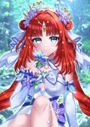 1girl absurdres aqua_eyes bare_shoulders blue_dress blue_flower blue_sleeves blurry blurry_background blush breasts breasts_apart circlet closed_mouth commentary_request day detached_sleeves double_bun dress fingernails flower genshin_impact gradient_sleeves hair_bun hair_flower hair_ornament hand_up highres holding holding_flower long_hair looking_at_viewer medium_breasts nilou_(breeze_of_sabaa)_(genshin_impact) nilou_(genshin_impact) official_alternate_costume outdoors padisarah_flower purple_flower red_hair sitting sleeveless sleeveless_dress smile solo tateko25wiz very_long_hair water_drop