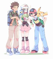 1girl 2boys angry ash_ketchum black_hair black_thighhighs blue_footwear blue_hair boots brock_(pokemon) brown_hair closed_eyes closed_mouth commentary_request creatures_(company) crossed_arms dawn_(pokemon) facial_mark fingerless_gloves game_freak gen_1_pokemon gen_4_pokemon gloves green_eyes green_shirt hair_ornament hairclip hat highres holding holding_pokemon jacket legendary_pokemon multiple_boys mythical_pokemon nintendo pika2pocket pikachu pink_boots piplup pointing pokemon pokemon:_giratina_and_the_sky_warrior pokemon_(anime) pokemon_(creature) pokemon_dppt_(anime) red_footwear scarf shaymin shaymin_(land) shirt short_sleeves sleeveless smile standing thighhighs white_shirt