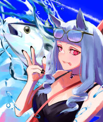 Rule 34 | 1girl, 3333iyasy, absurdres, animal ears, bag, bare shoulders, bikini, black bikini, black eyeliner, black nails, blue hair, blue sky, breasts, cleavage, closed mouth, contrail, drill hair, drill sidelocks, eyeliner, eyewear on head, gold ship (umamusume), highres, horse ears, horse girl, long hair, looking at viewer, makeup, medium breasts, nail polish, red eyeliner, red eyes, shoulder bag, sidelocks, sky, solo, swimsuit, tongue, tongue out, tuna, umamusume, v, water