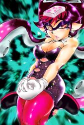 1girl bare_shoulders breasts callie_(splatoon) cleavage earrings gloves jewelry jumpsuit large_breasts looking_to_the_side mazuo917 nintendo pointy_ears shoes sleeveless splatoon_(series) tentacle_hair twintails wide_hips