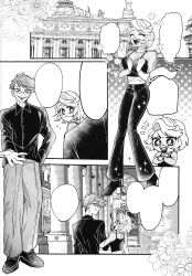 Rule 34 | 1boy, 1girl, absurdres, black pants, black shirt, black shoes, black tank top, blonde hair, breasts, building, buttons, cleavage, collared shirt, fangs, full body, glasses, grey pants, highres, large breasts, locked arms, medium hair, nono (nonobutai04), open mouth, outdoors, outstretched arm, pants, see-through clothes, see-through shirt, shirt, shoes, short hair, smile, speech bubble, tank top, textless version, watch
