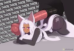 1girl absurdres animal_penis artist_name ass bestiality black_bodysuit blush bodysuit character_request closed_mouth commentary copyright_request dark-skinned_female dark_skin english_commentary english_text erection fanbox_logo fanbox_username gigantic_penis grey_background hair_intakes highres horse horse_penis long_hair looking_at_viewer lying notka on_stomach parted_bangs penis purple_eyes sidelocks simple_background sound_effects sweatdrop thick_thighs thighs uncensored veins veiny_penis very_long_hair watermark web_address