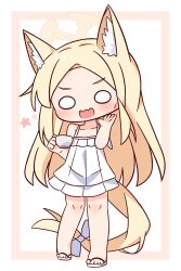 1girl absurdres animal_ear_fluff animal_ears bare_arms bare_shoulders blonde_hair blue_archive blush bow brown_background chibi collarbone cup dress forehead fox_ears fox_girl fox_tail full_body halo hana_kazari hand_up highres holding holding_cup large_variant_set long_hair looking_at_viewer o_o open_mouth parted_bangs sandals seia_(blue_archive) sleeveless sleeveless_dress solo standing star_(symbol) tail tail_bow tail_ornament two-tone_background v-shaped_eyebrows variant_set very_long_hair wavy_mouth white_background white_bow white_dress white_sandals