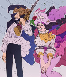 1boy 1girl arm_at_side ascot bent_over black_hair blouse breasts brown_hair cape catarina_devon closed_mouth collared_cape covered_eyes feet_out_of_frame floating_hair flower frilled_sleeves frills gun hair_over_eyes hand_up hat hat_feather hat_flower high_collar highres holding holding_gun holding_weapon large_breasts legs_apart lipstick long_hair long_nose long_sleeves looking_at_viewer makeup nail_polish one_eye_closed one_piece open_mouth over_shoulder pants pirate pirate_hat puffy_long_sleeves puffy_sleeves red_flower red_nails red_rose rose shirt skull_and_crossbones standing twitter_username van_augur very_long_hair weapon weapon_over_shoulder youkan_(tako)