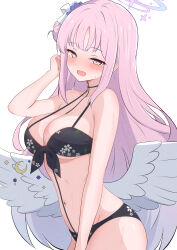 Rule 34 | 1girl, absurdres, alternate costume, bikini, black bikini, blue archive, blush, commentary request, cosplay, feathered wings, floral print bikini, flower, hair bun, hair flower, hair ornament, hair scrunchie, halo, highres, kakapomilk, koharu (blue archive), koharu (blue archive) (cosplay), looking at viewer, mika (blue archive), open mouth, partial commentary, pink hair, pink halo, purple flower, scrunchie, simple background, single side bun, solo, sweat, swimsuit, white background, white scrunchie, wings, yellow eyes