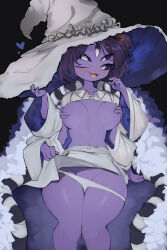 1girl :3 absurdres alternate_costume arthropod_girl black_background blush bow breasts clothes_lift coat collared_shirt colored_sclera colored_skin cosplay covering_nipples covering_privates elden_ring extra_arms fangs female_focus fur_coat grabbing_own_breast groin hair_bow hands_up happy hat heart highres insect_girl jewelry knees_together_feet_apart large_hat lifting_own_clothes long_sleeves looking_at_viewer medium_breasts miniskirt muffet navel one_eye_closed open_mouth ornate_ring panties panty_pull purple_hair purple_sclera purple_skin ranni_the_witch ranni_the_witch_(cosplay) red_bow ring shiny_skin shirt shirt_lift short_hair sidelocks simple_background skindentation skirt skirt_lift smile solo spider_girl thighs two-sided_fabric two-sided_headwear undertale underwear white_coat white_eyes white_hat white_panties white_shirt white_skirt wide_sleeves wink witch_hat yoru_(yoru_vida)