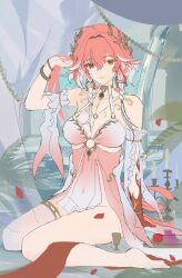 Rule 34 | 1girl, absurdres, bare shoulders, barefoot, body markings, breasts, changli (laurel nymph) (wuthering waves), changli (wuthering waves), cleavage, closed mouth, commentary, covered navel, dress, hair between eyes, hand up, head wreath, highres, large breasts, looking at viewer, multicolored hair, official alternate costume, pink dress, pink hair, red petals, sketch, smile, solo, symbol-only commentary, thighs, two-tone hair, white hair, wuthering waves, yellow eyes, zhongyuanqing