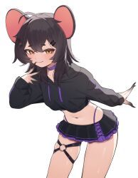 1girl absurdres animal_ears black_skirt blush bonnou_peace bra bra_peek breasts brown_hair collar collarbone commentary_request commission cowboy_shot cowlick crop_top drawstring fingernails hair_ornament hairclip highres hood hoodie long_sleeves looking_at_viewer medium_hair miniskirt mouse_ears multicolored_skirt navel original purple_collar purple_skirt sharp_fingernails sidelocks skeb_commission skindentation skirt small_breasts smile solo standing underwear white_background yellow_eyes