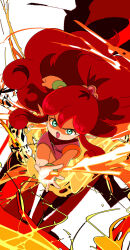 1girl absurdres attack belt big_hair bracelet commentary dress edoya_inuhachi fire flare_(panel_de_pon) floating fluffy_hair gem green_belt green_eyes hair_between_eyes highres jewelry long_hair looking_at_viewer magic open_mouth panel_de_pon pink_dress pointy_ears pyrokinesis red_hair serious shirt short_dress solo tiara v-shaped_eyebrows white_background