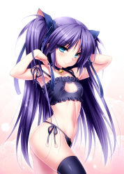 1girl bell black_bra black_panties black_thighhighs blue_eyes blush bra breasts cat_cutout cat_lingerie choker cleavage_cutout clothing_cutout contrapposto female_focus from_side hair_ribbon highres jingle_bell jpeg_artifacts little_busters! long_hair looking_at_viewer navel neck_bell panties purple_hair ribbon sasasegawa_sasami side-tie_panties simple_background small_breasts smile solo standing thighhighs two_side_up underwear underwear_only zen