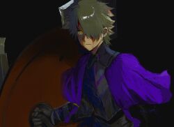 1boy armor blood blood_on_face bloody_tears blue_robe brown_hair chin_boooooooo expressionless fate/grand_order fate_(series) galahad_(fate) green_eyes hair_over_one_eye highres holding holding_shield holding_weapon knight one_eye_covered robe shield simple_background weapon