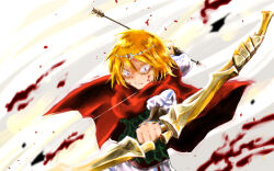 Rule 34 | 1girl, 910pan, ambiguous red liquid, armor, arrow (projectile), blonde hair, bow (weapon), cape, circlet, clenched teeth, green armor, hair ornament, holding, holding arrow, holding weapon, long sleeves, neia baraja, overlord (maruyama), red cape, sanpaku, short hair, silver circlet, solo, teeth, upper body, weapon