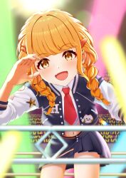 Rule 34 | 1girl, audience, blue jacket, blue sky, blush, braided twintails, cat pin, chromatic aberration, collared shirt, commentary request, concert, cowboy shot, crop top, cropped shirt, fang, fingernails, fujita kotone, gakuen idolmaster, hair ornament, hairclip, hands up, highres, idolmaster, jacket, leaning forward, long sleeves, looking at viewer, midriff peek, miniskirt, multicolored jacket, navel, necktie, open clothes, open jacket, open mouth, orange eyes, orange hair, palasta, pleated skirt, red necktie, shirt, skin fang, skirt, sky, smile, solo, standing, star pin, sweat, unbuttoned, white jacket, white shirt, wing collar