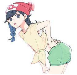 1girl :o alternate_hairstyle atsumi_yoshioka beanie braid commentary_request from_side green_shorts grey_eyes hand_on_own_hip hat leaning_forward looking_to_the_side nintendo open_mouth pokemon pokemon_sm selene_(pokemon) shirt short_sleeves shorts simple_background solo teeth tied_shirt undershirt upper_teeth_only white_background yellow_shirt