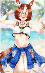 Rule 34 | 1girl, ;d, absurdres, animal ears, bamboo memory (ultra marine) (umamusume), bamboo memory (umamusume), bare arms, bare shoulders, beach, bead bracelet, beads, blue nails, blue sky, blush, bracelet, breasts, brown hair, choker, clenched hands, commentary request, crop top, crossed bangs, cutoffs, day, denim, denim shorts, fingernails, green nails, hair between eyes, highres, horse ears, horse girl, jewelry, looking at viewer, medium breasts, medium hair, momomiyaj p, multicolored hair, multicolored nails, nail polish, navel, ocean, official alternate costume, one eye closed, open mouth, outdoors, palm tree, parted bangs, sand, short shorts, shorts, sky, smile, solo, sparkle, stomach, streaked hair, suspenders, taut clothes, thighs, toenail polish, toenails, torn clothes, torn shorts, tree, umamusume, upshirt, v-shaped eyebrows, water, watermark, white hair, yellow nails
