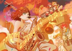 2boys 3girls bell blonde_hair blue_eyes blue_hair breasts chrono_cross chrono_trigger closed_mouth cloud crono_(chrono_trigger) crop_top gloves high_ponytail instrument jewelry kid_(chrono_cross) long_hair marle_(chrono_trigger) medium_breasts multi-tied_hair multiple_boys multiple_girls musical_note necklace nu_(chrono_trigger) ponytail ryuusei_(trickster) saxophone serge_(chrono_cross) short_hair skirt small_breasts smile vest